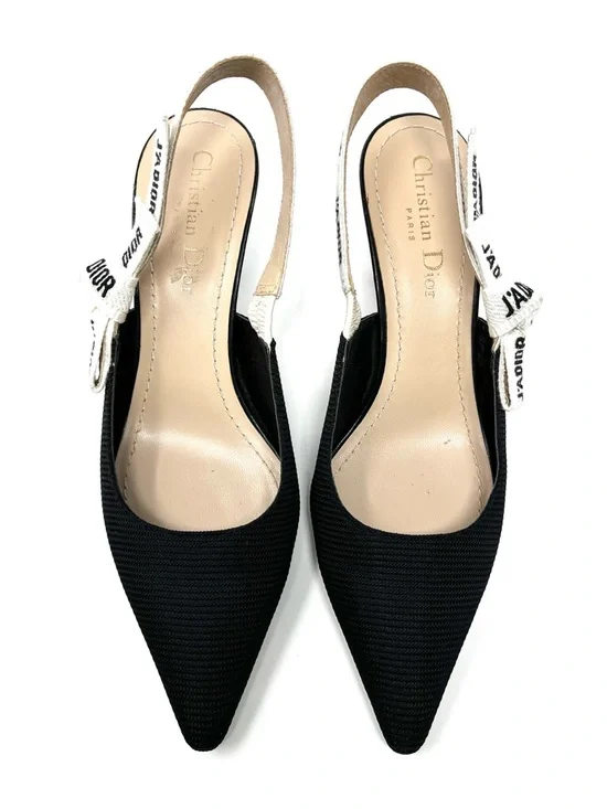 Christian Dior J'Adior Logo Black White Bow Slingback Pumps Kitten Heels 38 8 - Picture 2 of 12